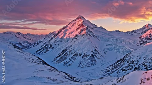 Drone flying above snow-covered mountains during sunset, pink sky reflecting on white snow,