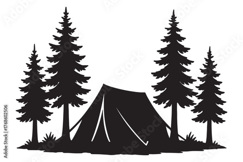 Silhouette of a camping tent surrounded by pine trees isolated on white background