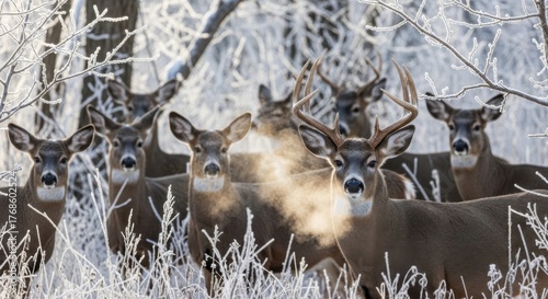 A group of white-tailed deer stands in a snowy forest. The deer have antlers and are surrounded by frosted trees. Their breath is visible in the cold air.