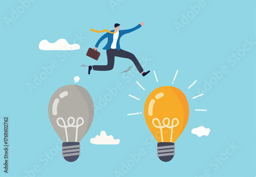 Business transformation, change management or transition to better innovative company, improvement and adaptation to new normal concept, smart businessman jump from old to new shiny lightbulb idea.
