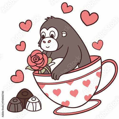 Delightful Funny Gorilla in a Valentine scene with in a teacup – Valentine Blush vector illustration
