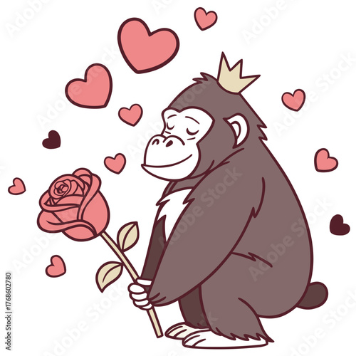 Cute SVG of a Dreamy Gorilla in Valentine Blush colors, featuring with a tiny crown in a Valentine setting