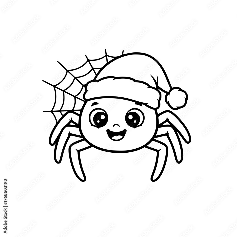 Naklejka premium Cute spider wearing Santa hat on web, simple holiday coloring page for toddlers Generative AI