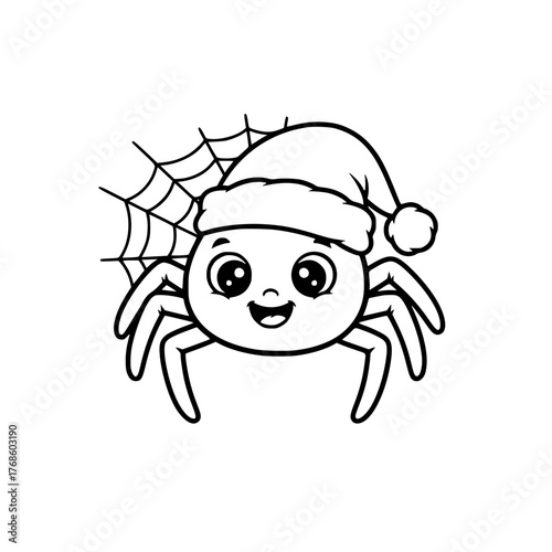 Cute spider wearing Santa hat on web, simple holiday coloring page for toddlers Generative AI