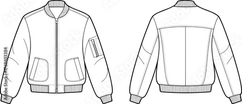 Detailed bomber jacket technical flat sketch front and back view fashion vector template for apparel design, streetwear, outerwear, and clothing illustration