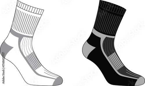Modern athletic compression socks vector illustration in black and white colors, sport performance breathable design for running cycling training fitness