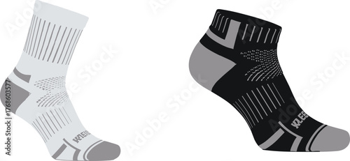 Modern athletic sport socks vector illustration in white and black colors, breathable mesh design, ankle and crew length performance footwear