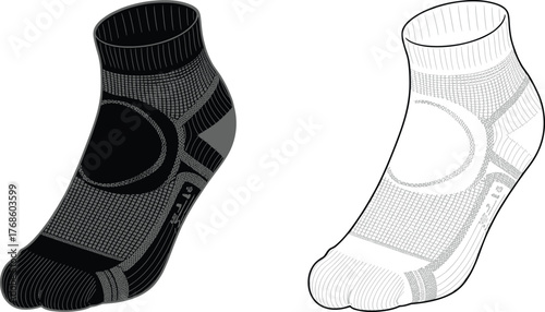 Professional athletic performance socks vector illustration with breathable mesh design, cushioned sole, ergonomic support, black and white sports footwear