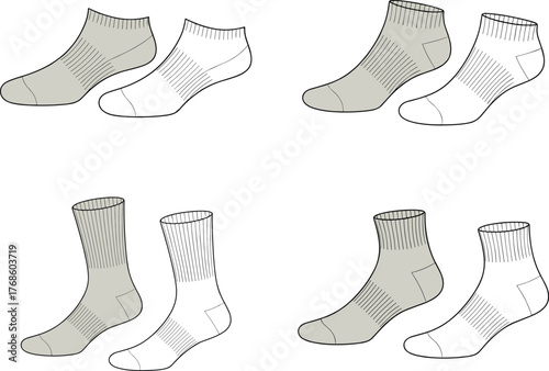 Set of ankle and crew sport socks vector illustration, unisex athletic cotton footwear collection in grey and white colors