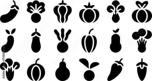 Collection of various vegetable icons in black and white colors