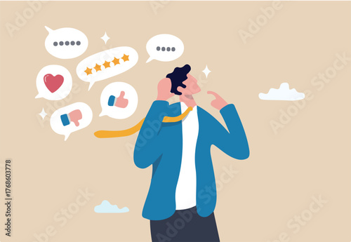 Listening to feedback, criticize message, customer advice or hearing client response, communication or answer, seek feedback concept, businessman listen to customer social media feedback expression