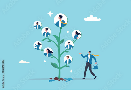 Career growth, HR human resources or organization, people management, career development strategy, employee skill or hiring, recruitment concept, businessman HR watering growing tree with employees