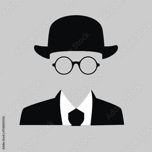 Iconic silhouette gentleman character with bowler hat and round glasses style portrait