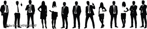 Business professional silhouette lineup, diverse corporate team poses, flat vector illustration, cad drawing, black and white formal attire design