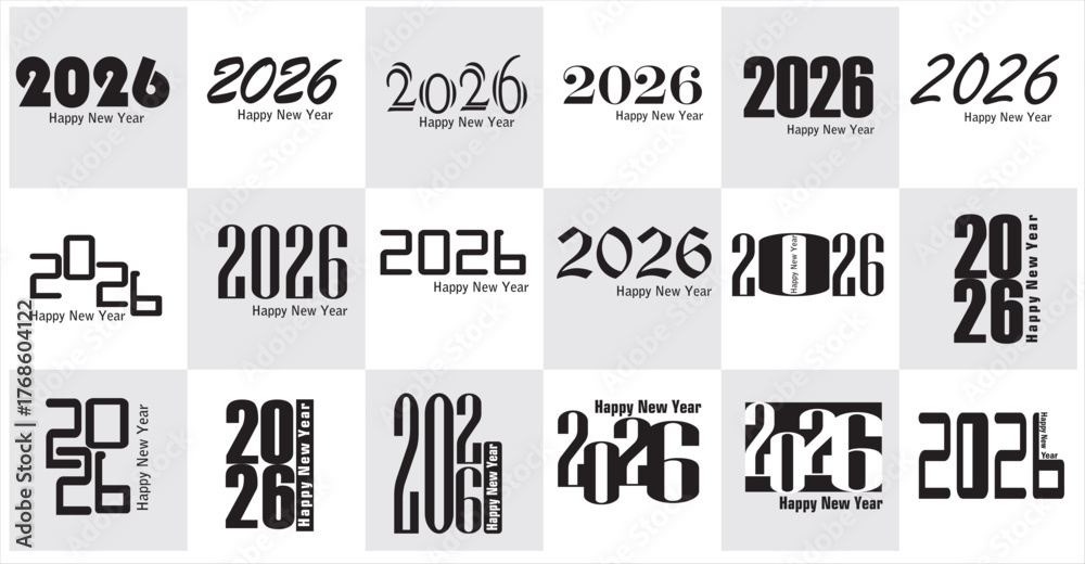 Obraz premium 2026 new year set logo collection, 2026 new year logo, 2026 vector logo, calendar year, happy new year, 2026 poster and flyer calendar year 2026 year symbols, black and white labels