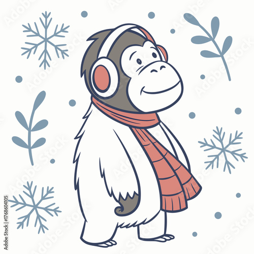 Whimsical Gorilla feeling Dreamy in a Winter setting with wearing headphones – colored in Winter Wonderland