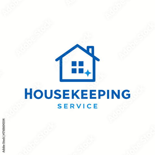 Simple housekeeping logo with blue house icon window and text layout representing professional cleaning service maintenance and home hygiene care in minimalist modern graphic style