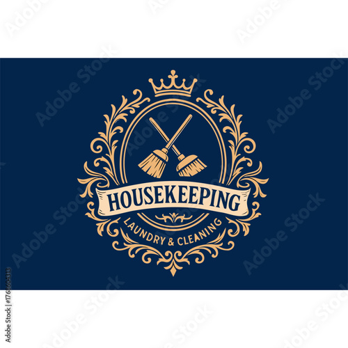 Elegant vintage housekeeping badge logo in navy and gold colors with ornate frame crossed brooms and royal crown symbolizing luxury cleanliness and professional maintenance identity