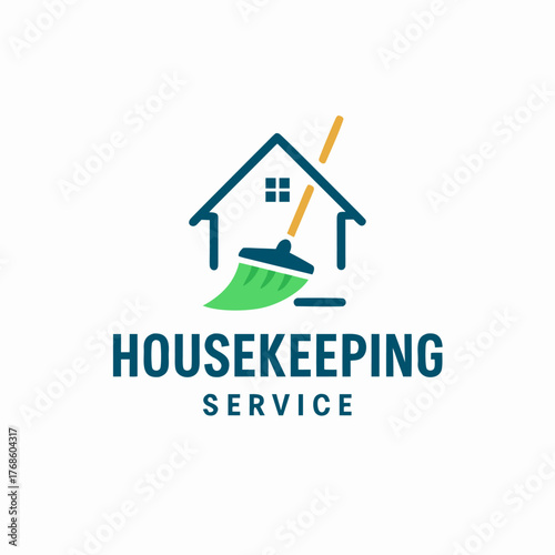 Modern housekeeping logo with house outline broom and green accent representing cleanliness reliability and professional home maintenance service identity in minimalist flat design style