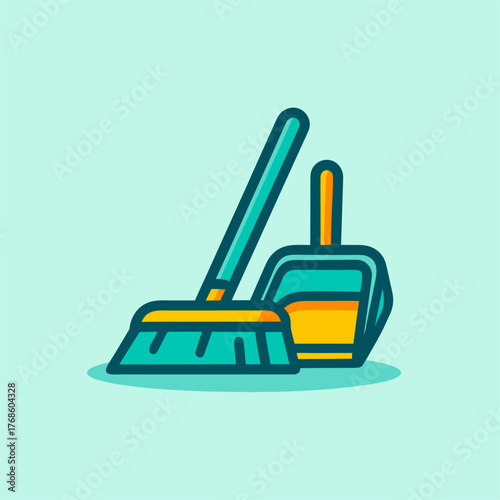 Minimal housekeeping illustration with broom and bucket icon on pastel background symbolizing hygiene tidiness and professional cleaning maintenance for home care service identity