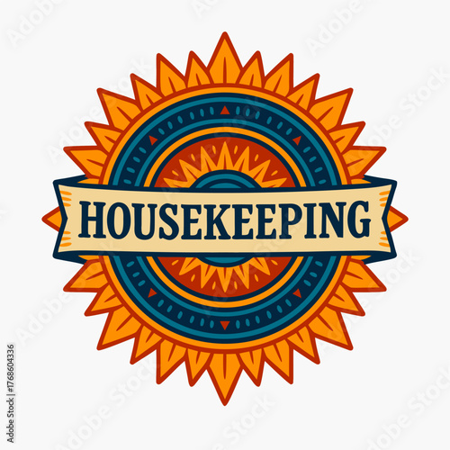 Vibrant housekeeping logo with sunburst pattern and bold typography in blue and orange palette representing energy freshness and reliable cleaning maintenance service identity for home care