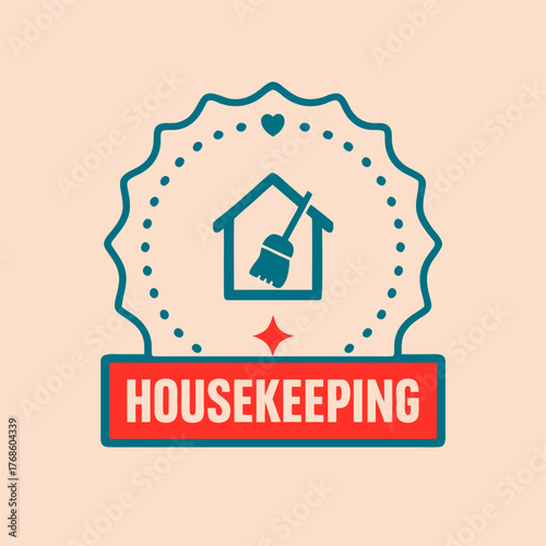 Housekeeping logo with home outline and mop symbol inside shield frame representing domestic cleaning service hygiene care and professional maintenance branding in pastel background