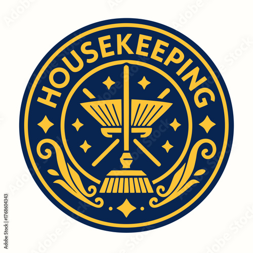Elegant housekeeping badge logo featuring broom and wings in navy and gold palette representing cleanliness excellence professional maintenance and reliable hygiene service identity