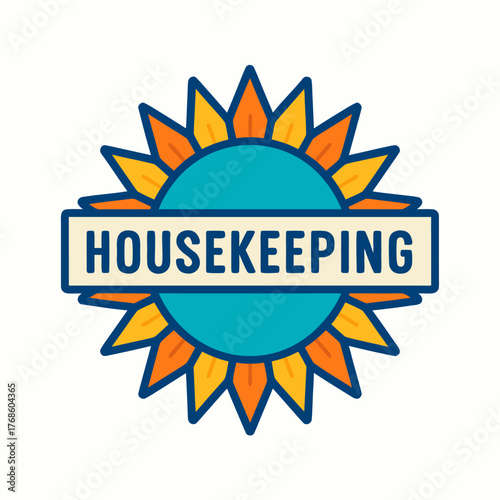 Bright housekeeping logo design with sunburst motif and clean typography reflecting energy freshness and reliable professional cleaning services suitable for home care and facility maintenance