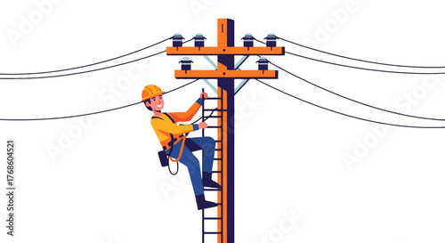 A Cartoon Electrician Ascends Utility Pole for Electrical Infrastructure Work