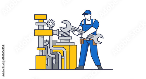 A Skilled Technician Working On Heavy Machinery With An Oversized Adjustable Wrench