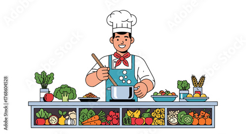 A Cheerful Chef Preparing a Culinary Masterpiece With Varieties of Fresh Produce