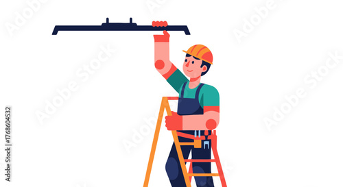 A Skilled Technician Installing A Fixture Reaching High, Black Background, Construction.