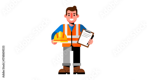 A Smiling Construction Worker Holding a Hard Hat and Clipboard for Project Plans