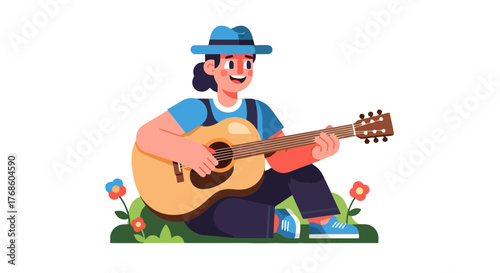 A Cheerful Musician Plays Guitar At Dusk With Animated Illustration And Black Background