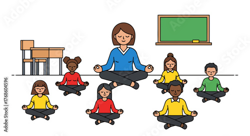 A Teacher Leading Meditative Practices With Students In A Calm Classroom Environment