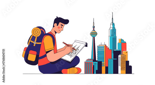 A Traveler Designs Urban Marvels Depicting Modern Metropolis Architecture and Skyline