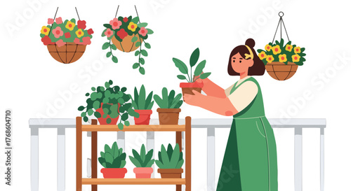 A Woman Tending To Her Beautiful Balcony Garden With Colorful Plants
