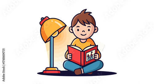 A Young Boy Joyfully Reading A Book Under The Warm Glow Of A Lamp