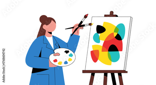 Abstract Artist Painting With Palette And Brushes Creating Colorful Modern Art On Canvas