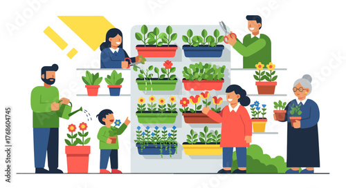 A Family Gardening Together, Cultivating Plants, Vegetables, and Flowers at Home Outdoors