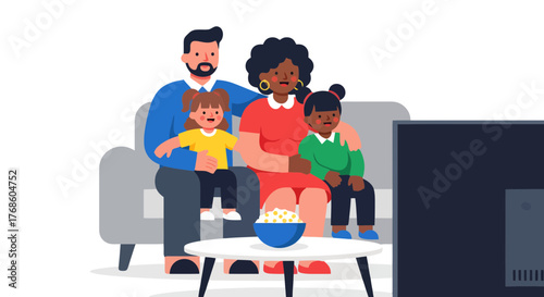 A Family Watching Television Together, Enjoying Popcorn and Quality Time in Their Living Room
