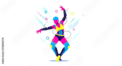 Abstract Dancer in Vibrant Colors Performing Energetic Movement on Black Background