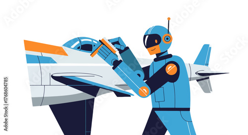 A Futuristic Robot Preparing a Modern Jet Plane for Flight on a Black Backdrop