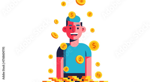 Abundance Overflowing: A Happy Individual Surrounding By Golden Coins