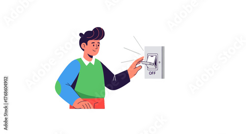 Activating Electrical Power: Man Turns Off Light Switch Cartoon Illustration Design