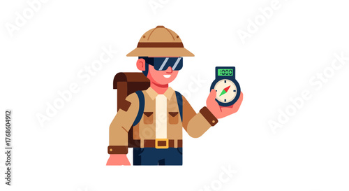 Adventurer Holding Compass Exploring Mysterious Lands With Equipment In Hand