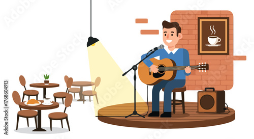 Acoustic Musician Performing Live On Stage In A Cafe Ambience Setting With A Guitar