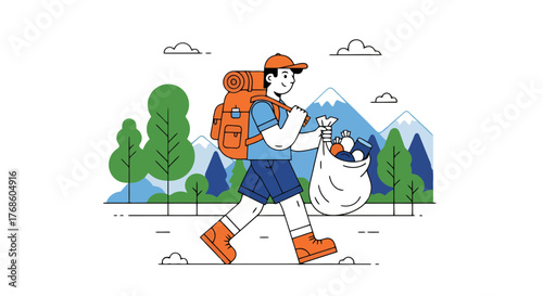 Activist Carries Recyclable Garbage Bag While Hiking In A Natural Environment