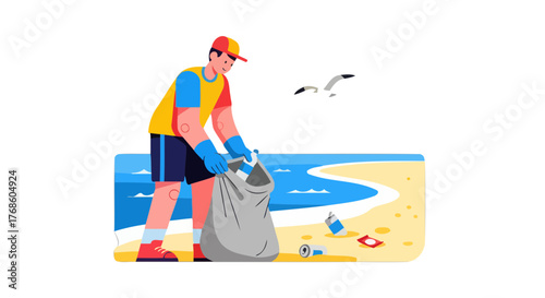 Activist Removing Debris From Beach Preserves And Protects Coastal Ecosystems Cleanliness And Nature