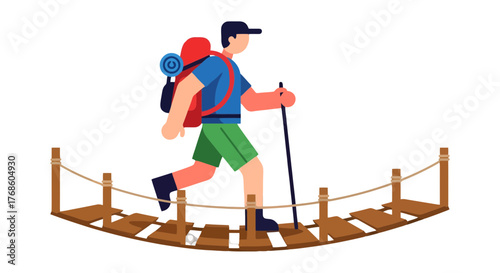 Adventurer Traversing Suspended Structure Vector Illustration On Black Background